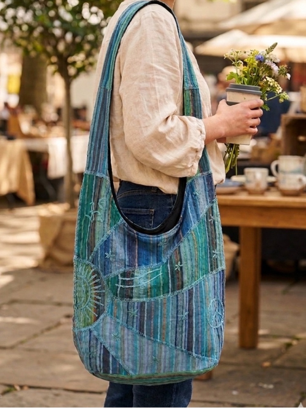 Original Collections Boho Patchwork Embroidered Sun, Stars, Peace Cotton Bag
